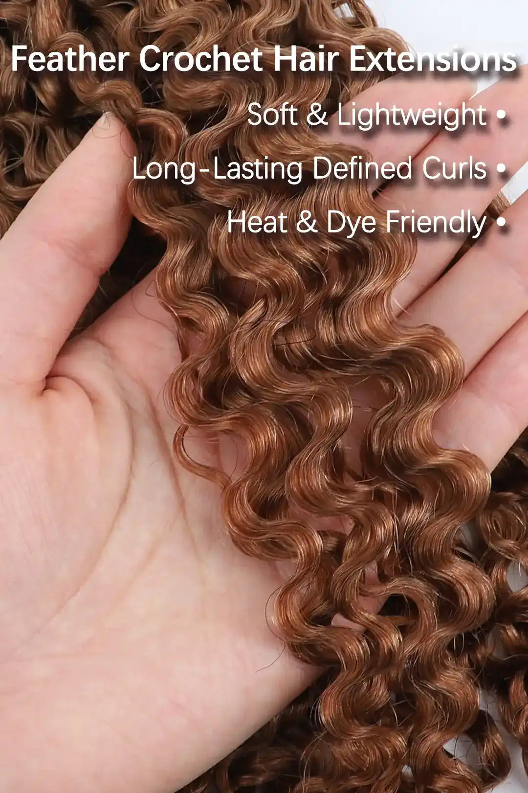 Curvature details of auburn brown #30 water deep wave feather crochet miracle knots hair