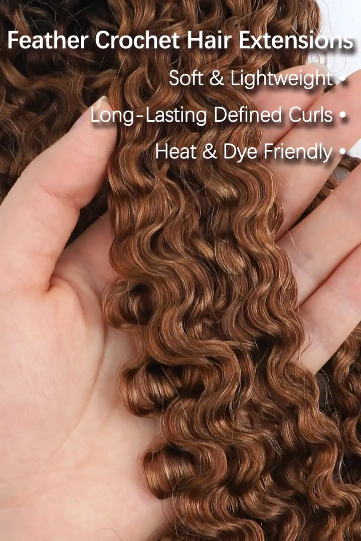 curvature details of auburn brown ombre water deep wave feather crochet hair T1B/30 human hair