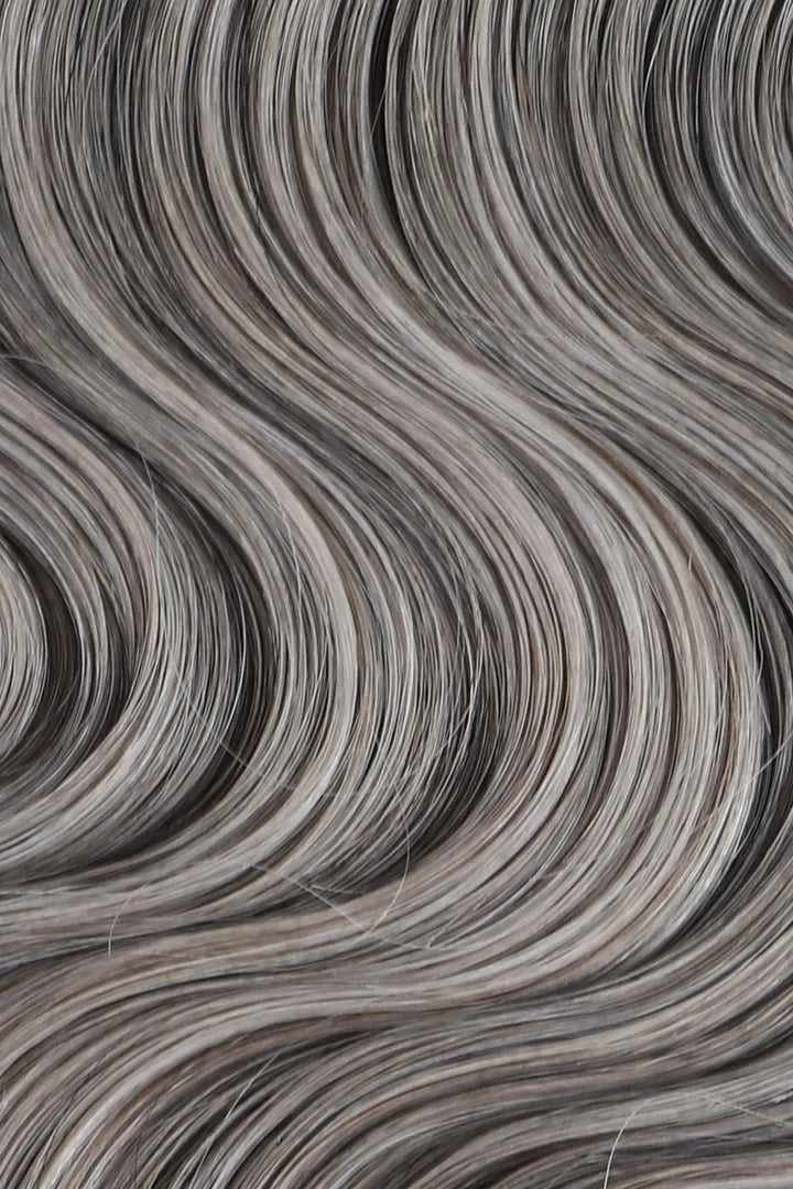 Curvature details of salt and pepper body wave feather crochet human hair 85 gray