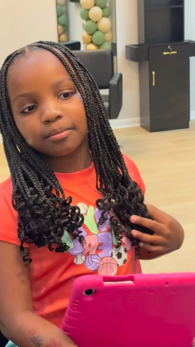 Kids box braids with curly ends, hairstylist in Houston, TX
