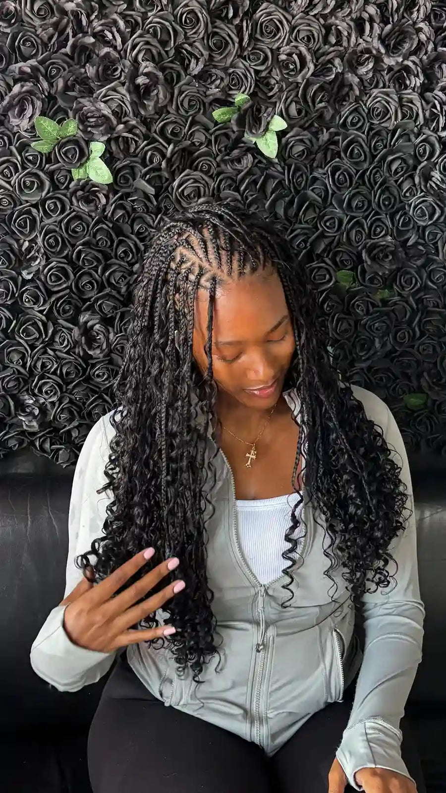 Long bohemian knotless braids with loose curly ends, Stylist located in Homestead, FL