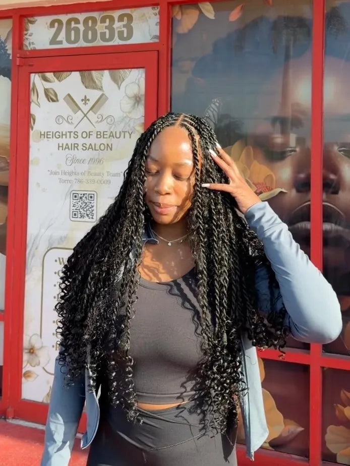 Long black boho knotless braids with curly pieces, Stylist located in Homestead, FL