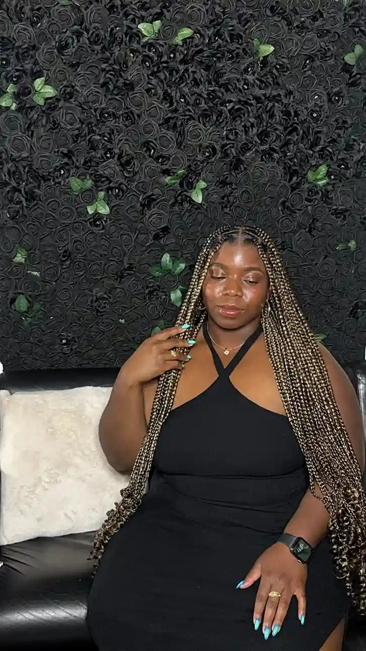 Long small knotless braids with blonde curls at the ends, Stylist located in Homestead, FL