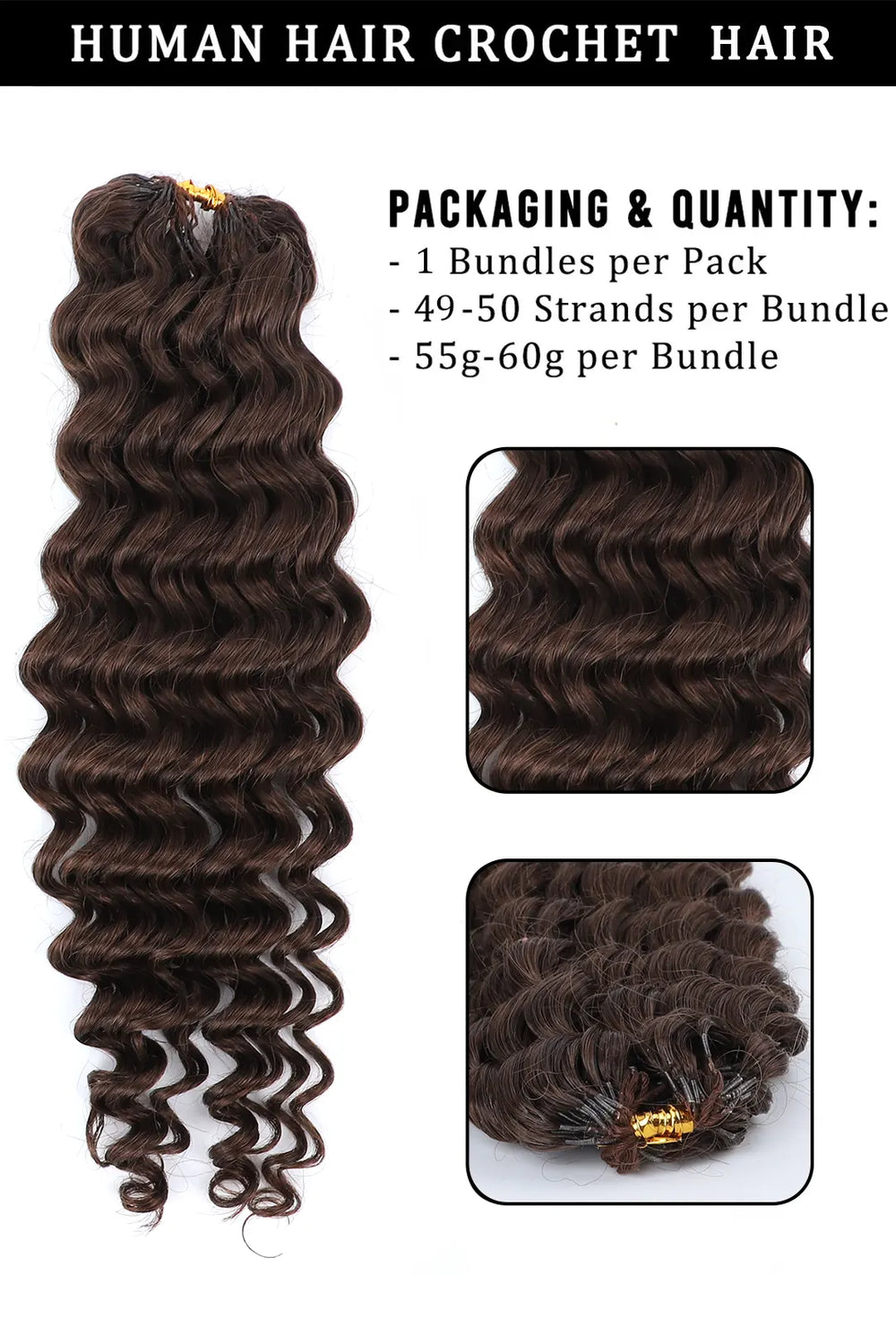 Dark Brown Deep Wave Feather Crochet Human Hair Extension FE31 60g 31