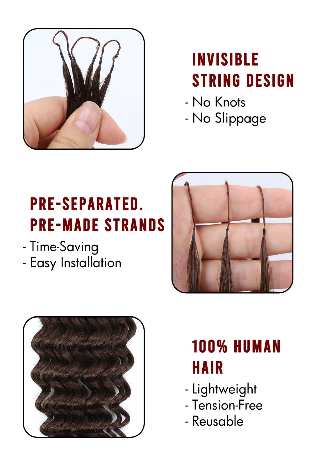 Dark Brown Water Wave Feather Crochet Human Hair Extension FE35 60g