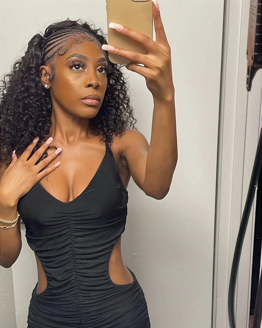 Side cornrow braids with curly half up half down hair, Stylist located in Smyrna, GA