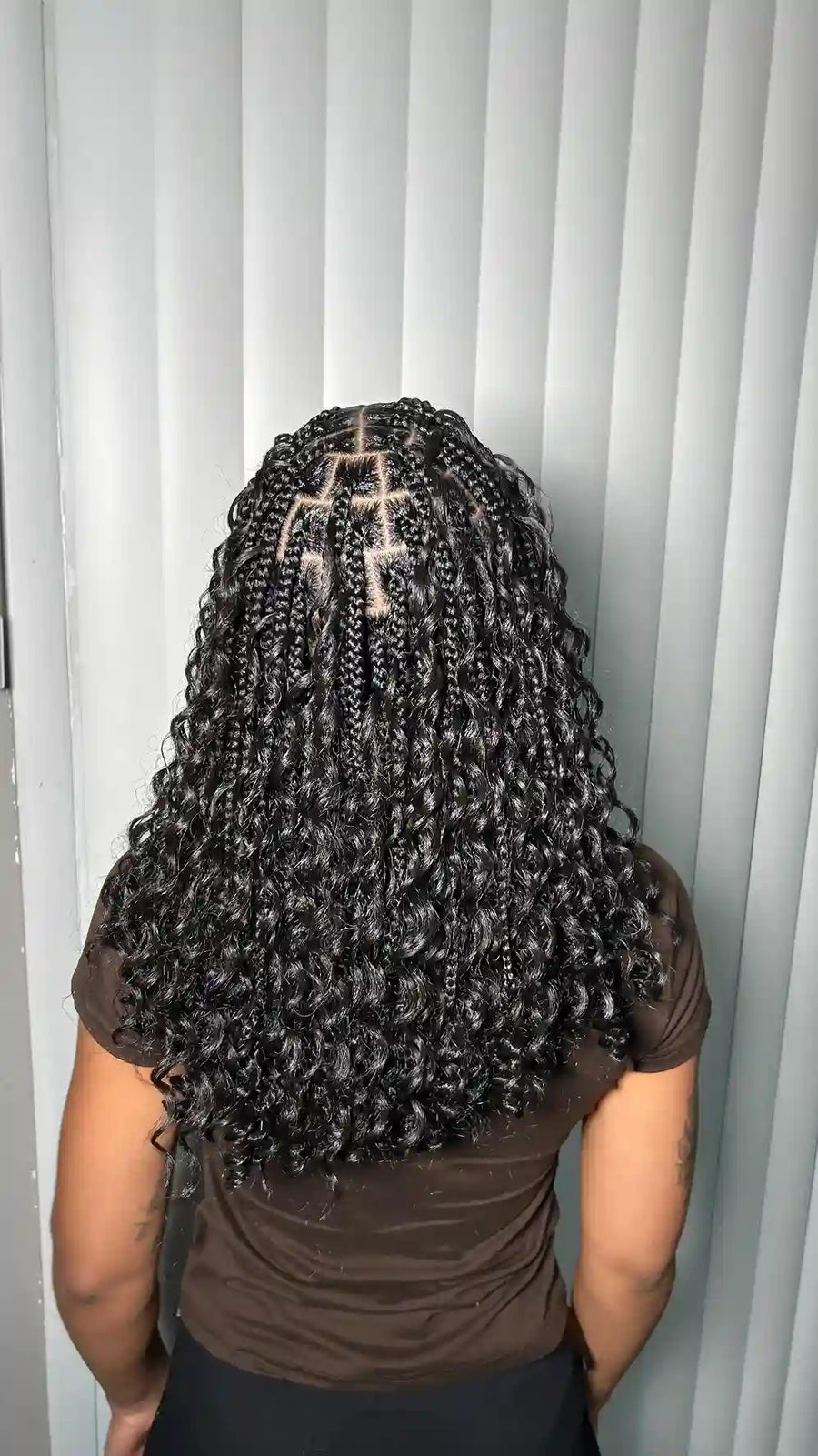 Boho goddess braids with loose curls and square parting, Stylist located in Smyrna, GA