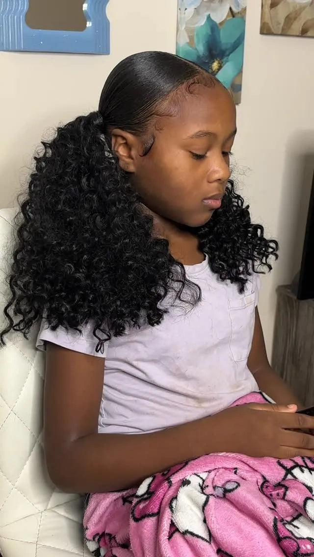 Sleek curly side ponytail with styled baby hairs, Stylist located in Smyrna, GA