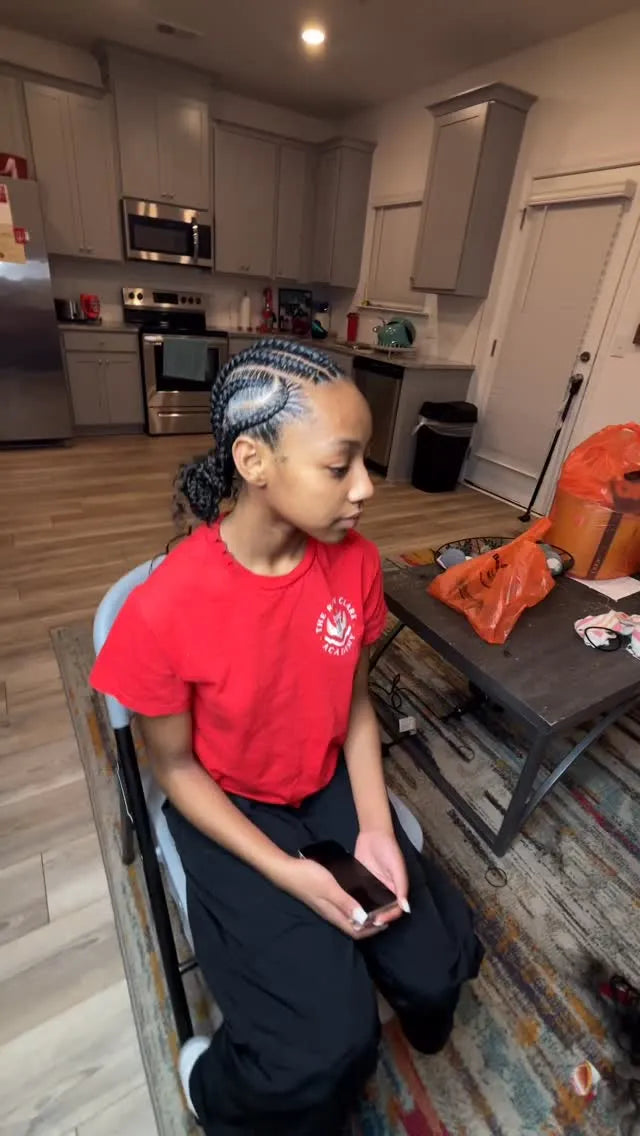 Red stitch braids with curved cornrow pattern and long side braids, Stylist located in Smyrna, GA