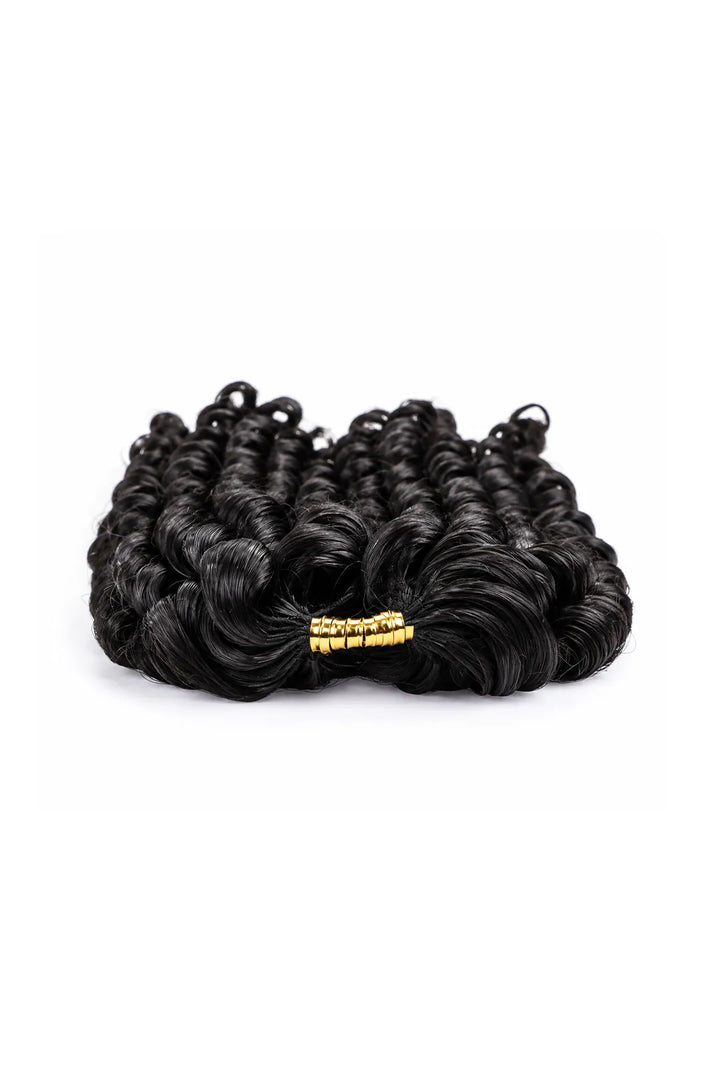 Detail of double drawn feather crochet hair extension pixie curly human hair