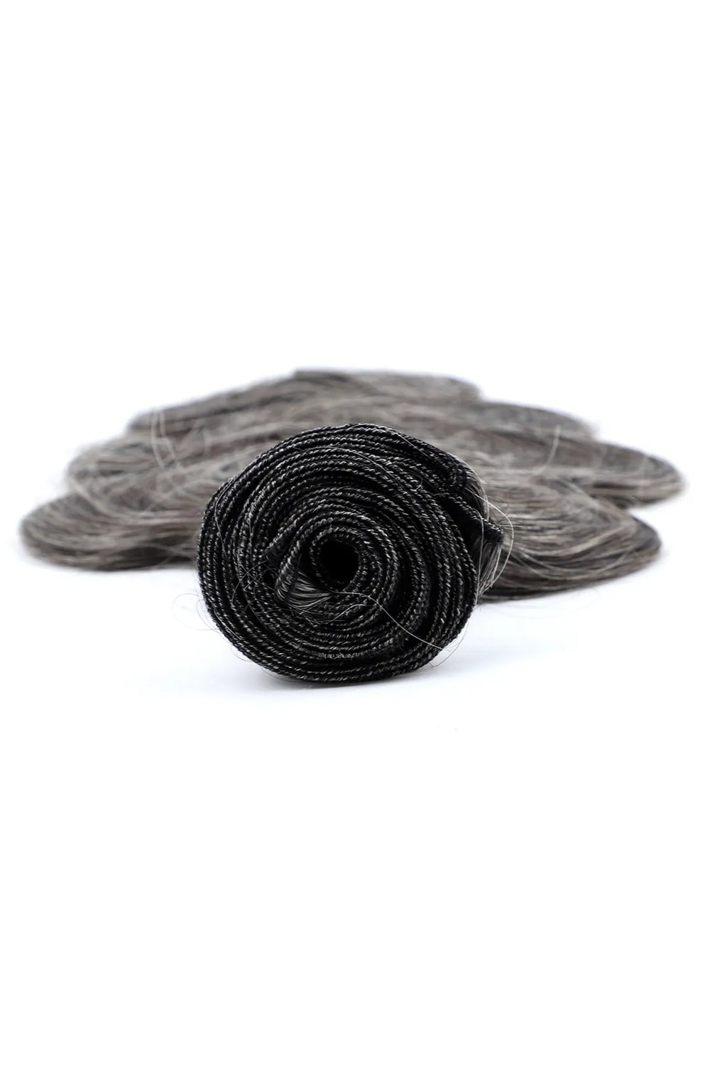 Detail of the ends of 100% natural grey hair salt and pepper brazilian hair bundles