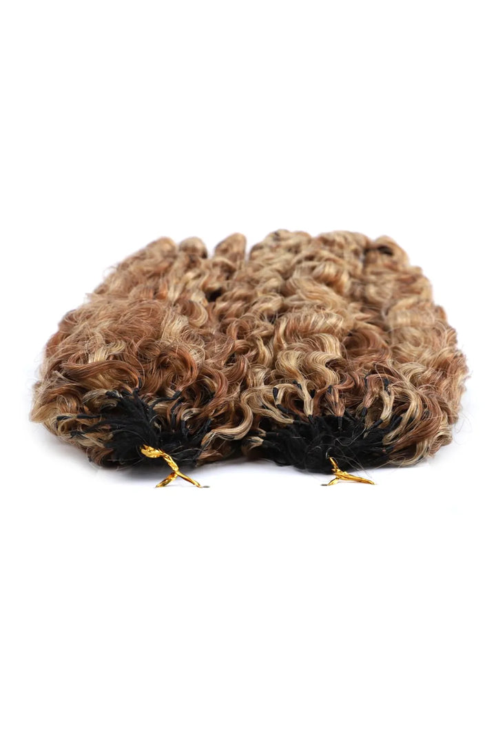 Detail of the ends of #27/30 mixed color burmese curly with spiral curls crochet miracle knots hair