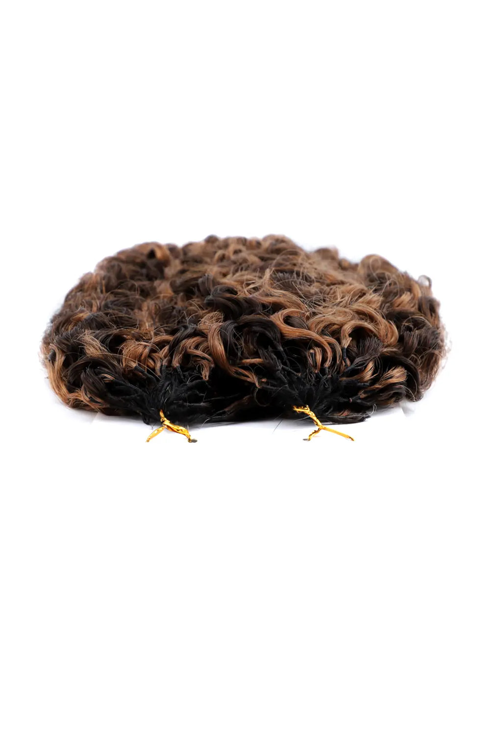 Detail of the ends of #4/30 mixed color burmese curly with spiral curls crochet miracle knots hair