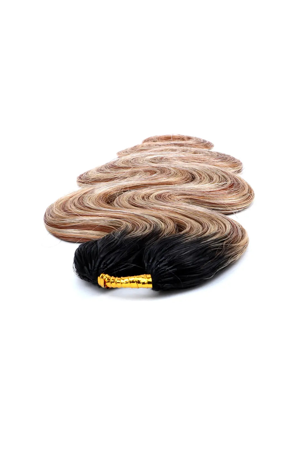Detail of the ends of T natural black root mixed 27/30/613 body wave feather crochet human hair