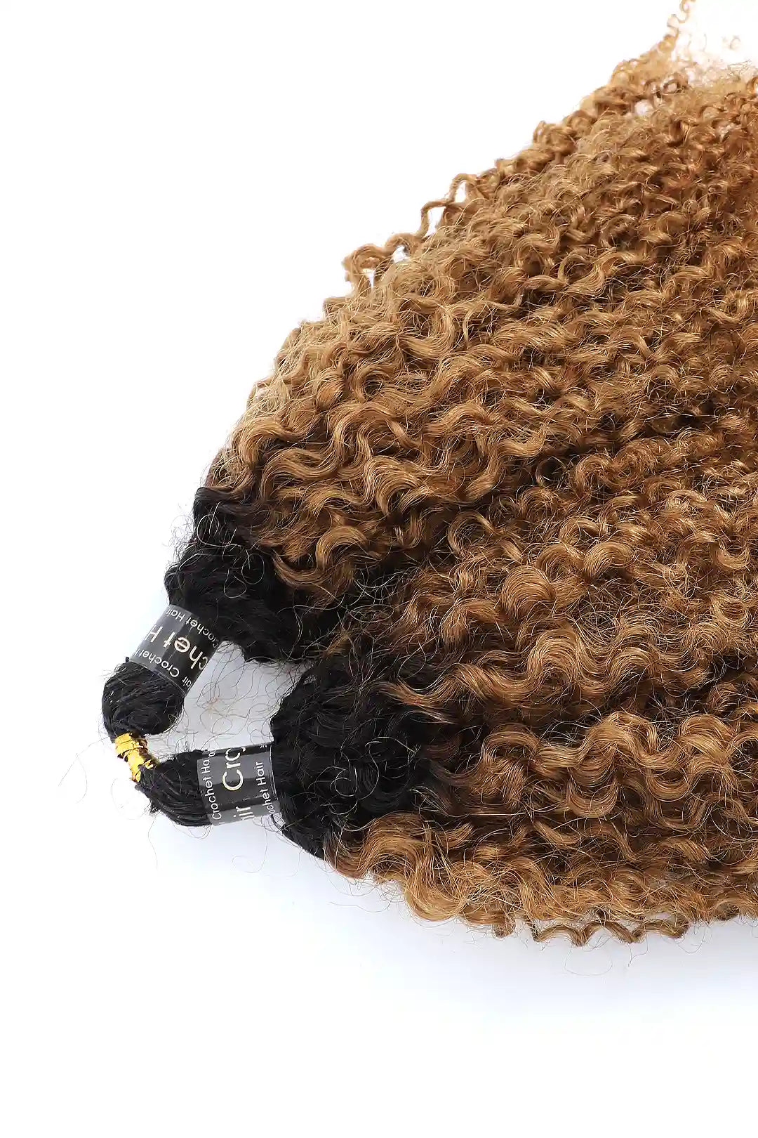 Detail of the ends of  1b/30 two tone color tight curly feather crochet human hair