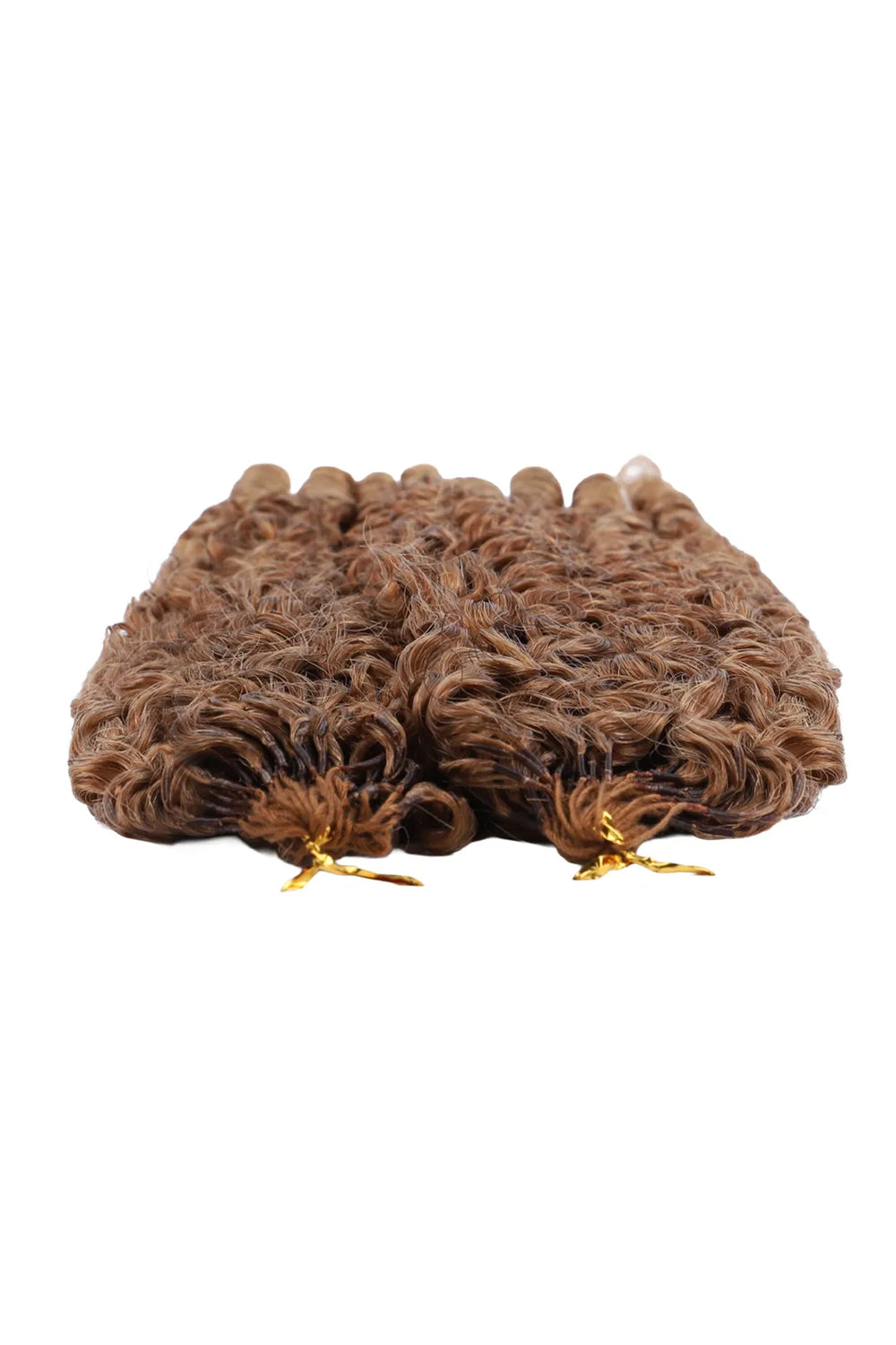 Detail of the ends of auburn brown #30 burmese curly with spiral curls feather crochet miracle knots hair