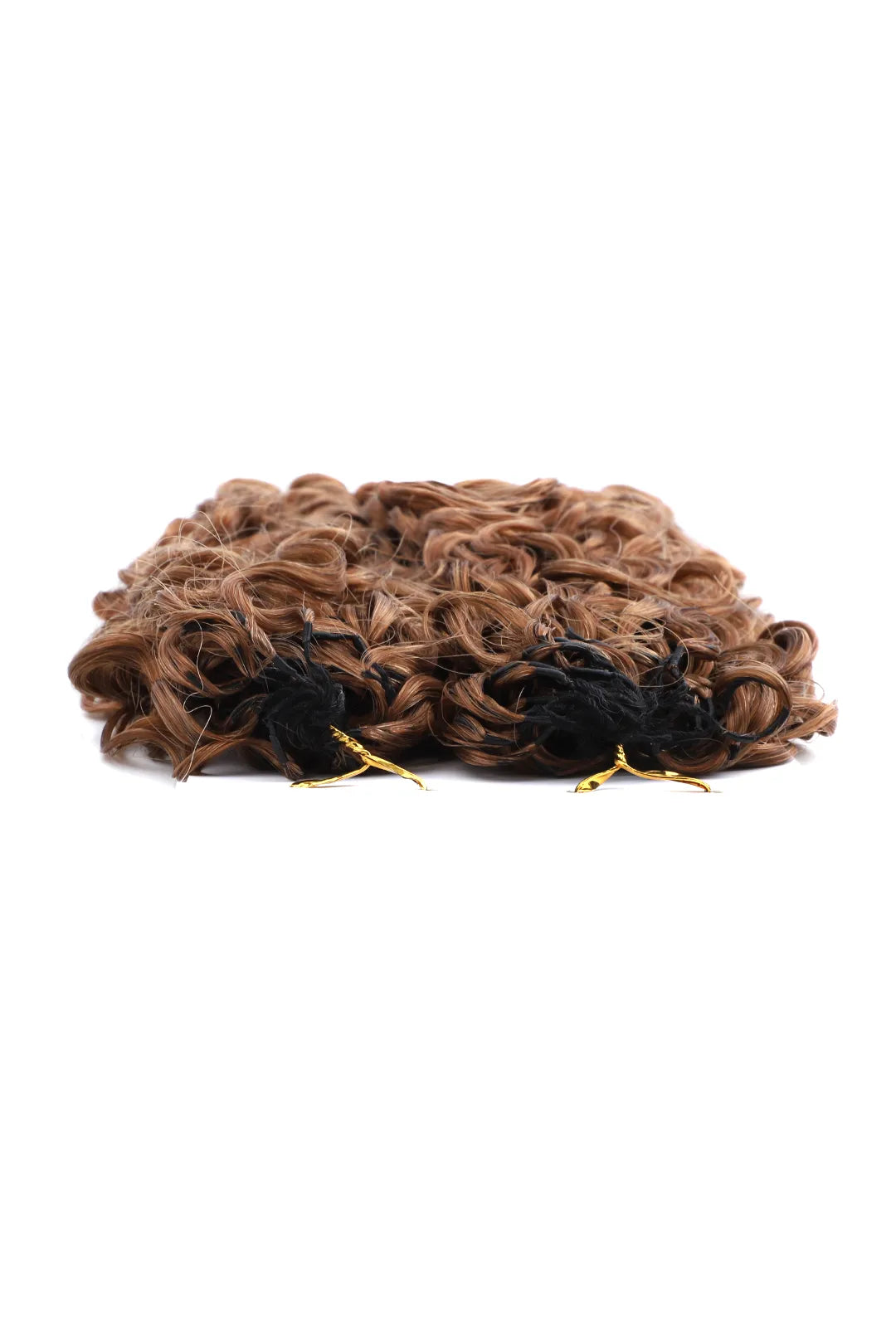 Detail of the ends of auburn brown #30 burmese curly with spiral curls feather crochet miracle knots hair