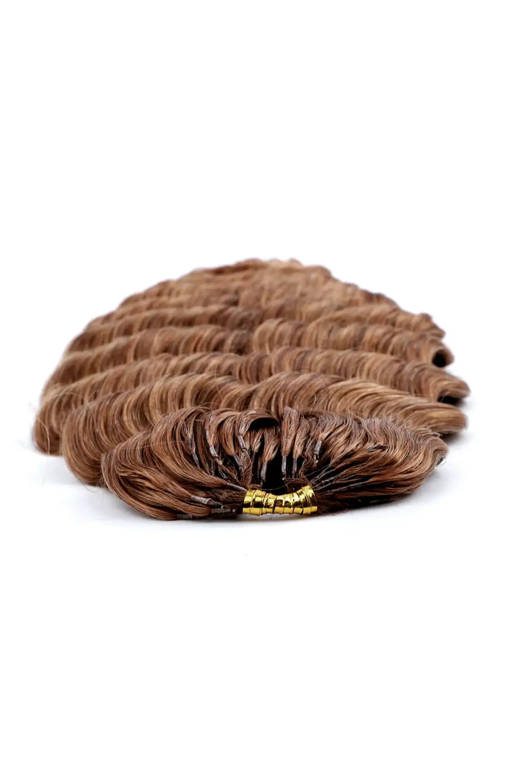 Detail of the ends of auburn brown 30 deep wave feather crochet miracle knots human hair