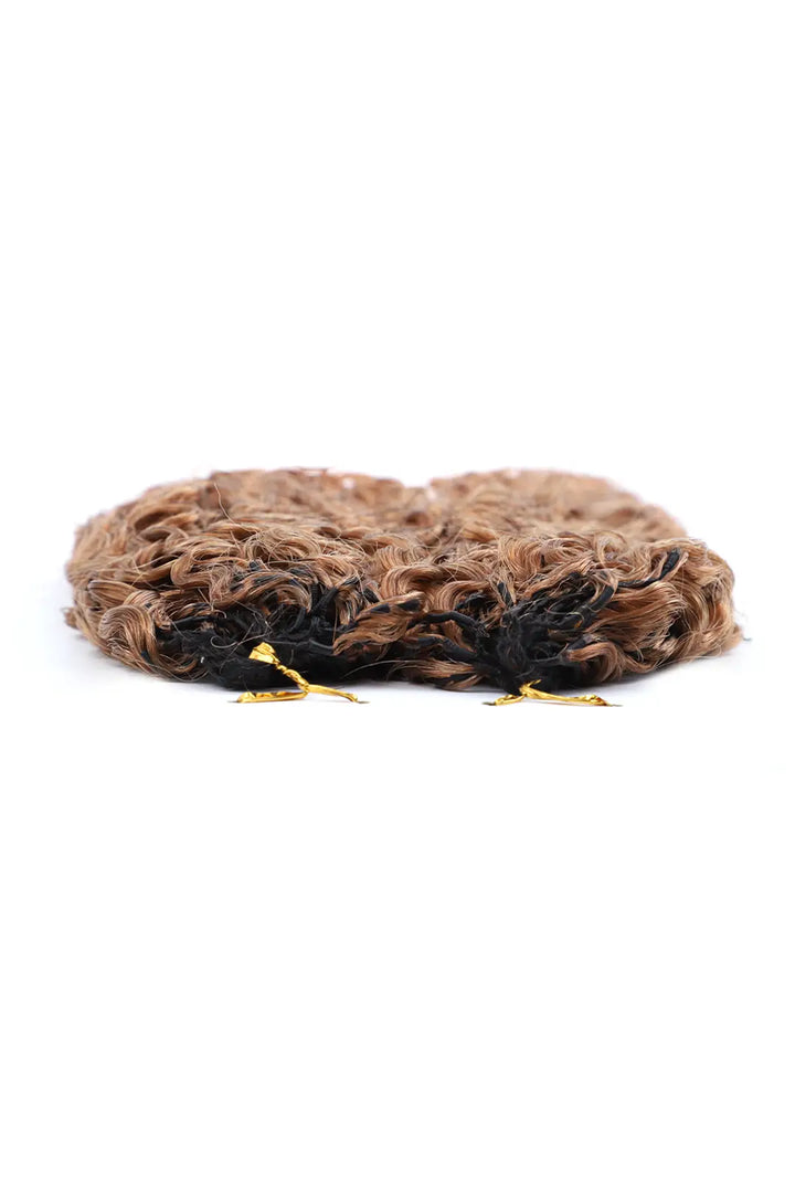 Detail of the ends of auburn brown #30 water deep wave feather crochet miracle knots hair