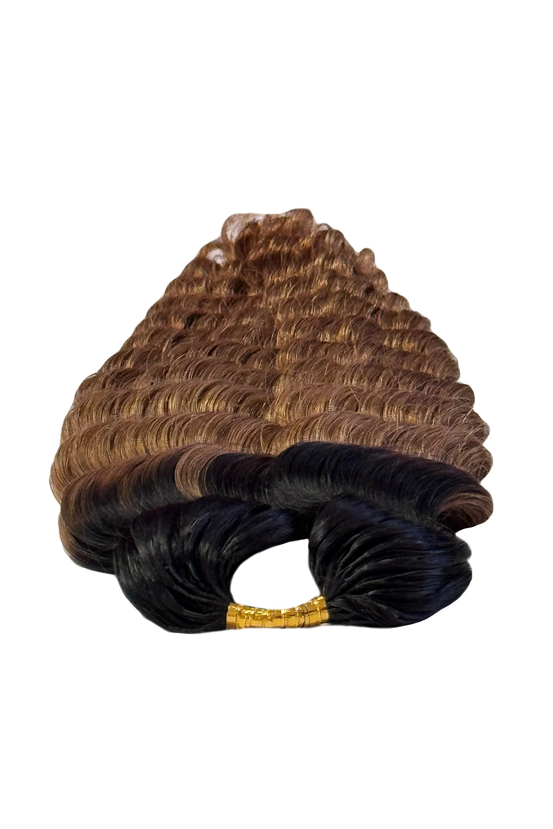 Detail of auburn brown ombre deep wave feather crochet hair T1B/30 human hair