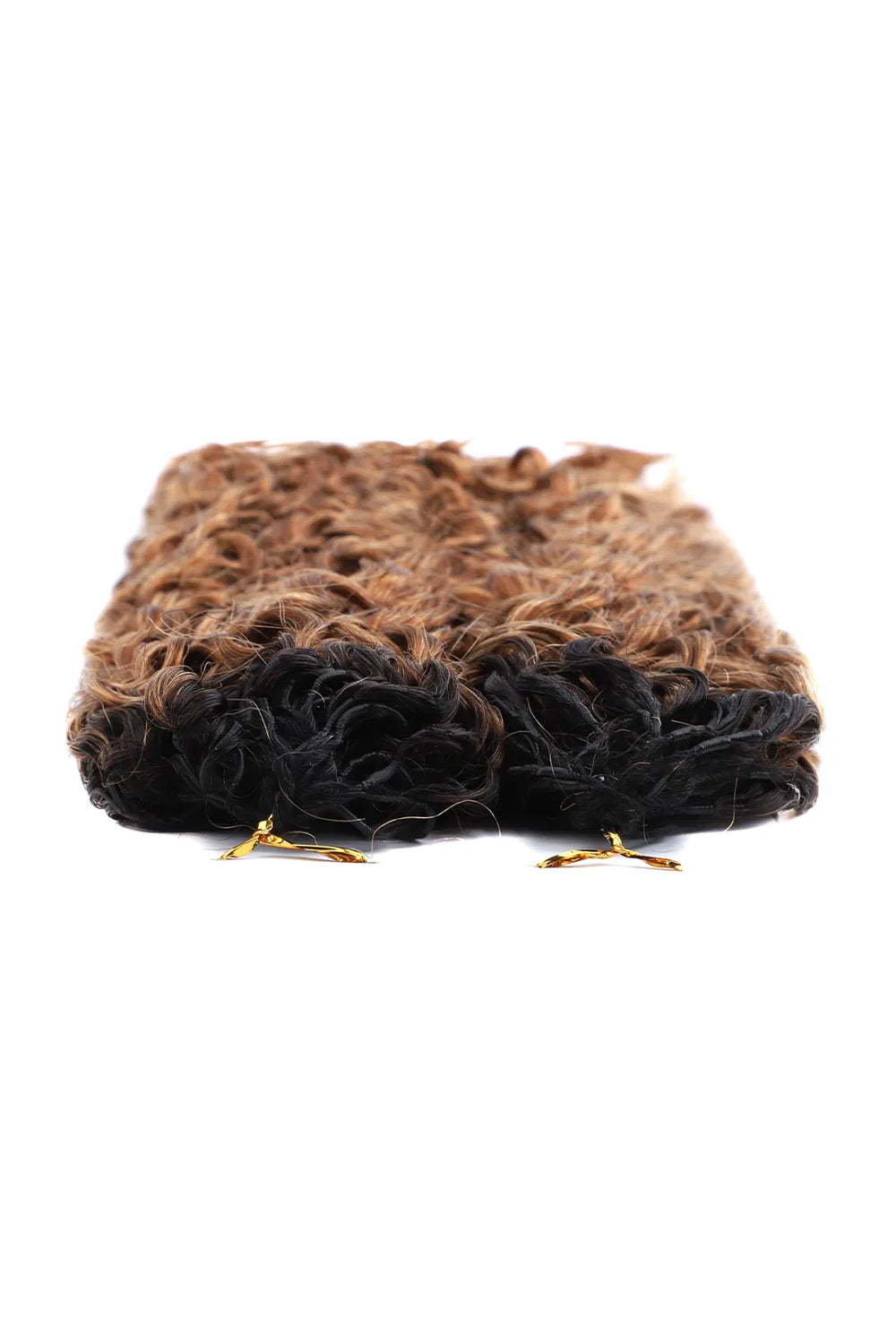 Detail of the ends of auburn brown ombre water deep wave feather crochet hair T1B/30 human hair