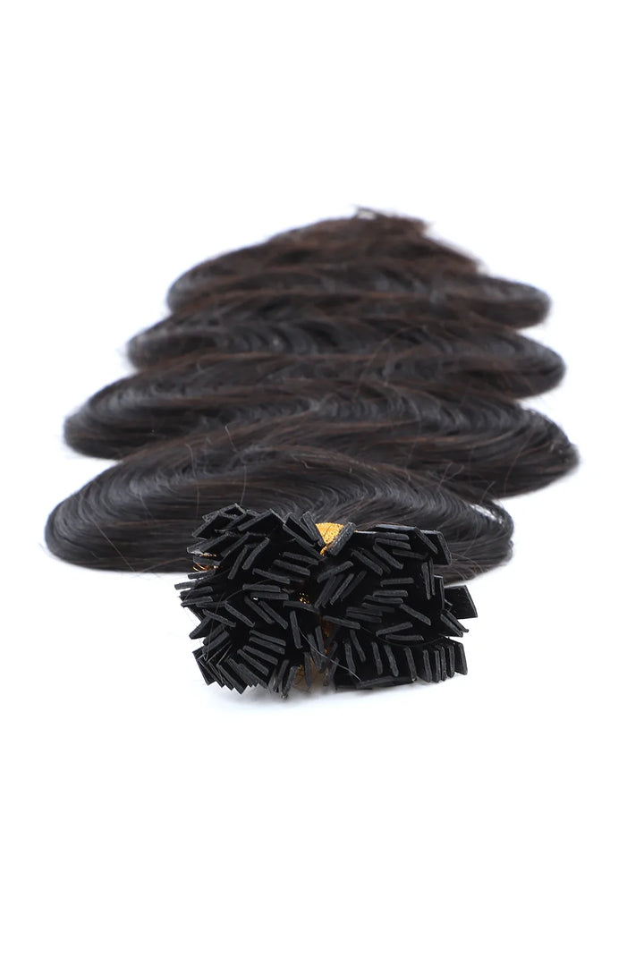 Detail of the ends of body wave flat tip human hair extension pre bonded for black women