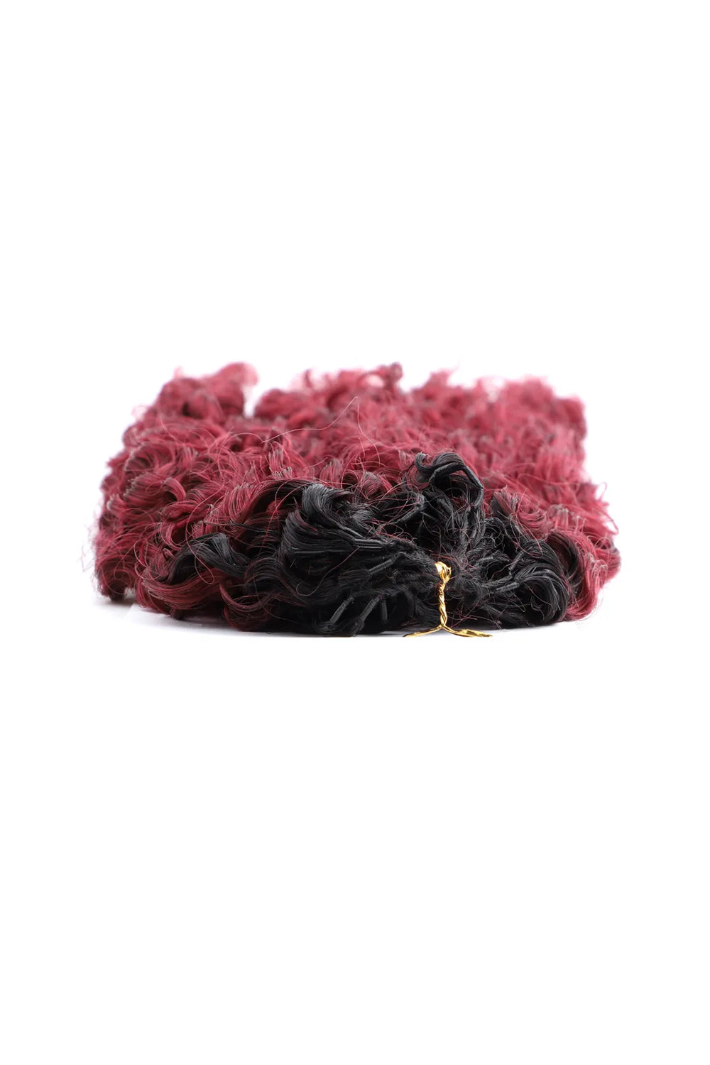 Detail of the ends of burgundy ombre water deep wave feather crochet hair t1b 99j human hair