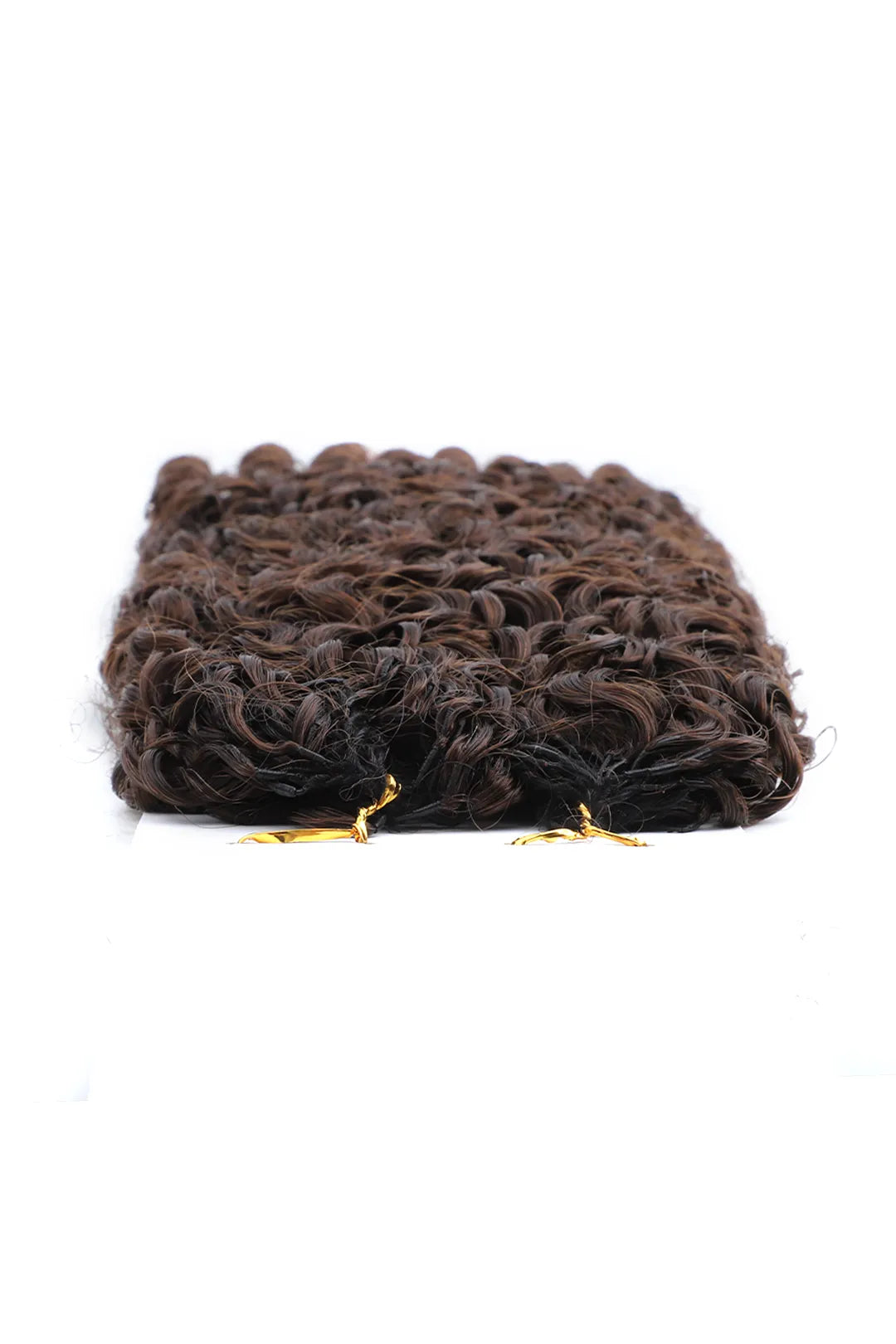 Detail of the ends of dark brown #4 burmese curly with spiral curls feather crochet miracle knots hair