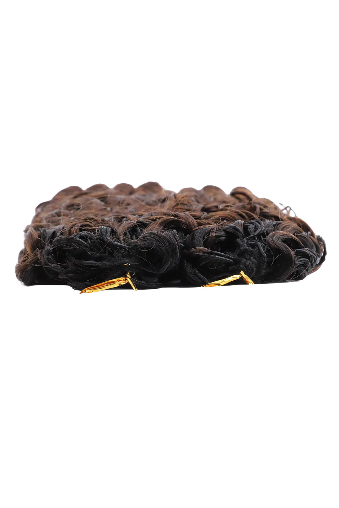 Detail of the ends of dark brown ombre burmese curly with spiral curls feather crochet hair T1B/4 human hair