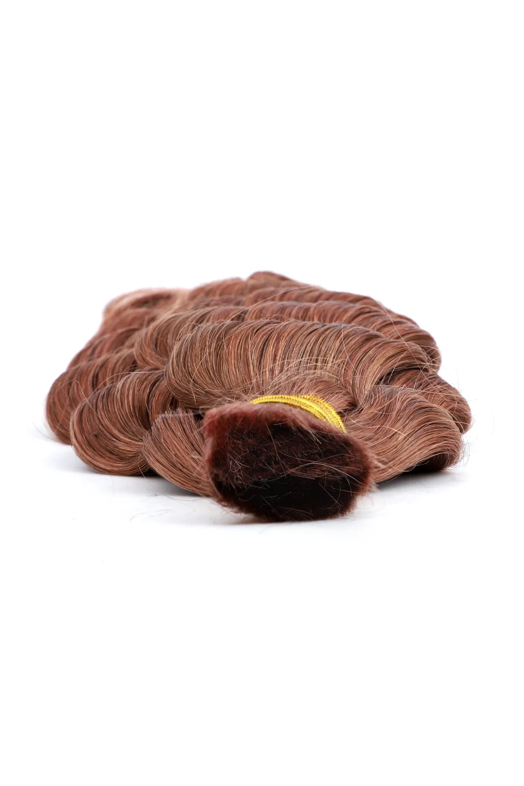 Detail of the ends of double drawn #30 medium auburn brown bulk hair loose wave BU66