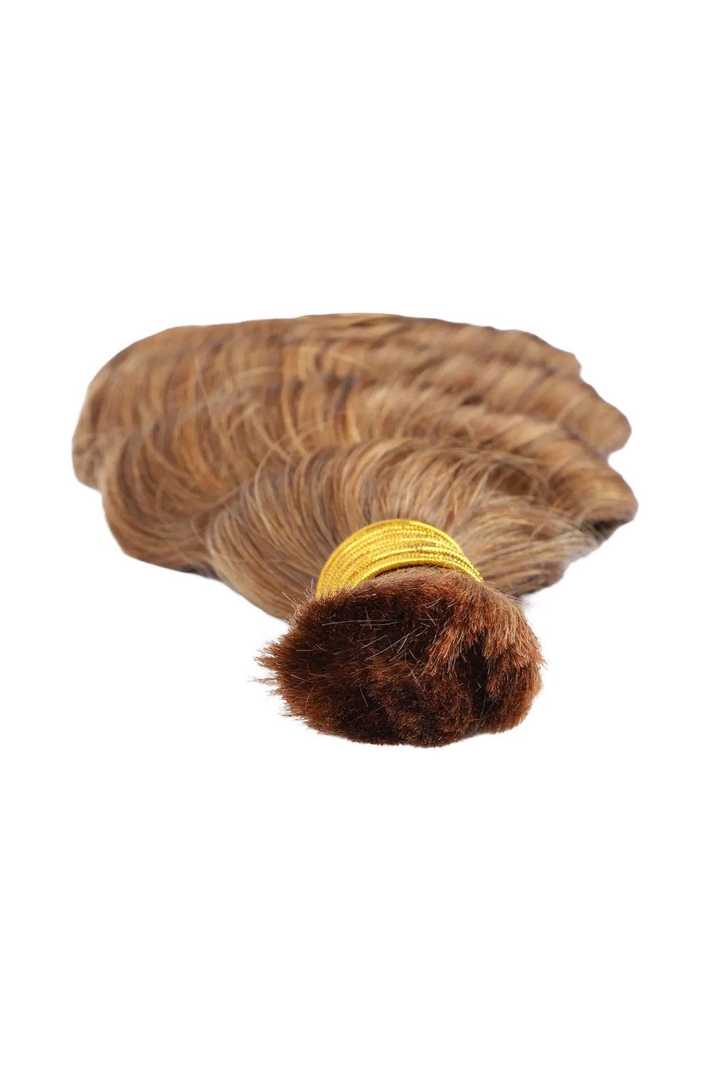 Detail of the ends of double drawn #30 medium auburn brown bulk hair loose wave BU66