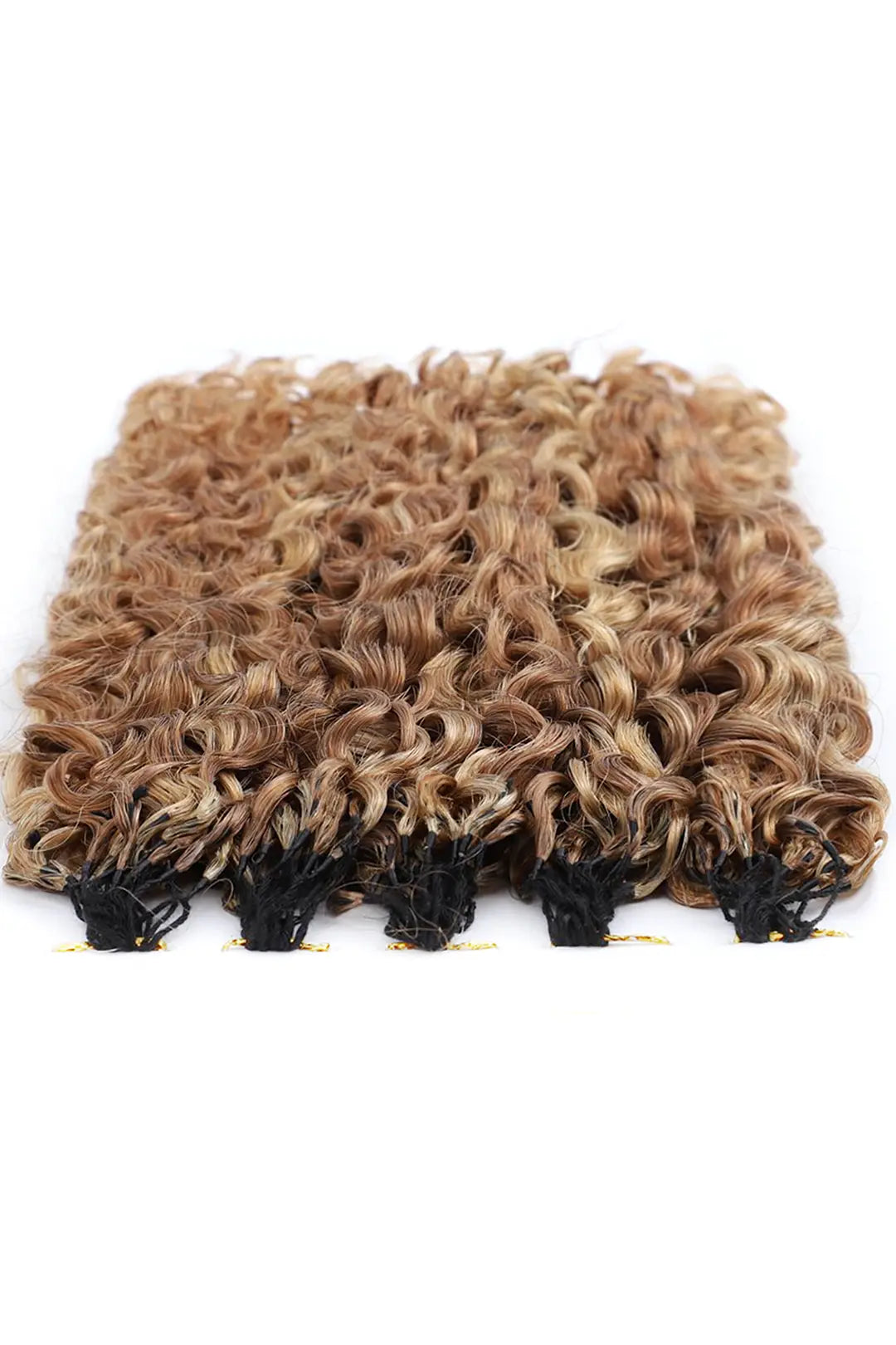 Detail of the ends of highlight blend #27/30 water deep wave feather crochet human hair