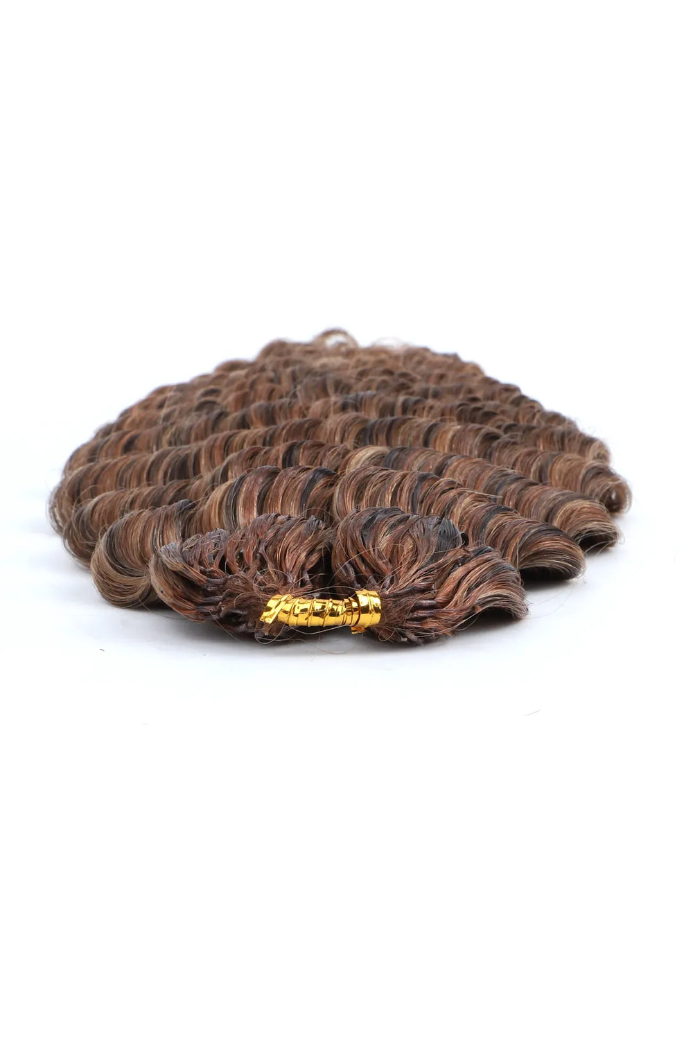 Detail of the ends of highlight blend #4/27/30 deep wave feather crochet human hair