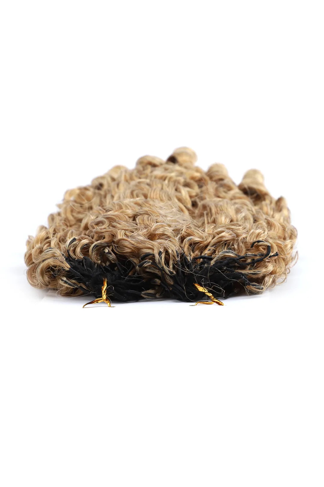 Detail of the ends of honey blonde #27 burmese curly with spiral curls feather crochet miracle knots hair