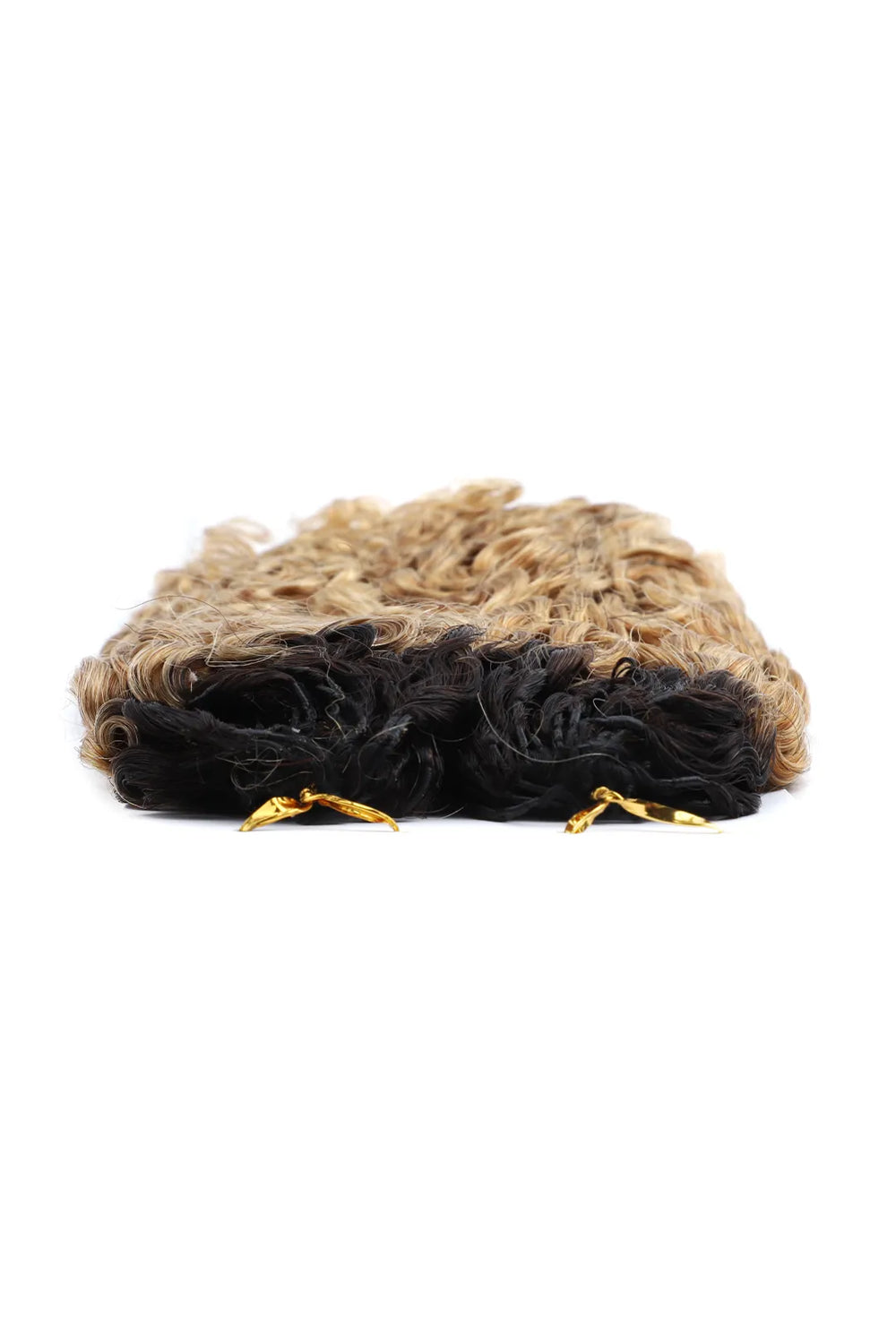 Detail of the ends of honey blonde ombre water deep wave feather crochet hair t1b/27 human hair