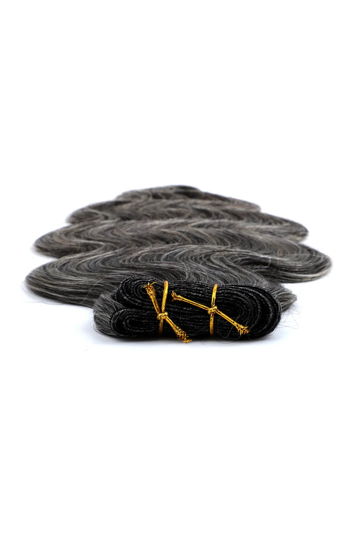 Detail of the ends of natural grey hair salt and pepper cambodia virgin human hair bundles 