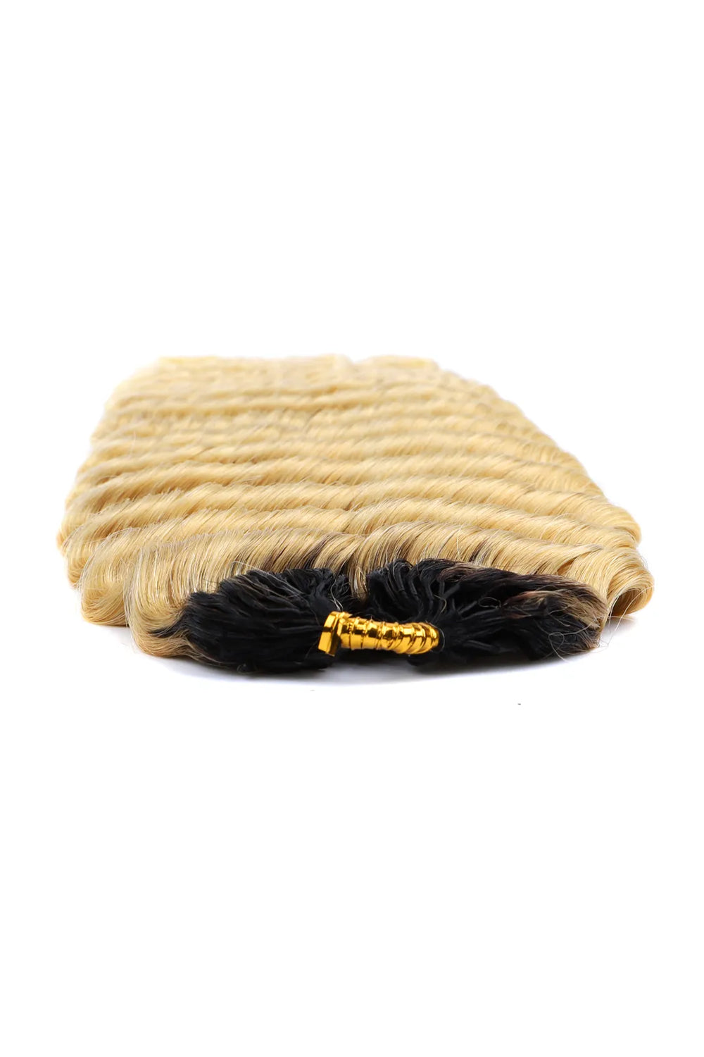 Detail of the ends of t1b 613 blonde ombre color deep wave crochet miracle knots human hair