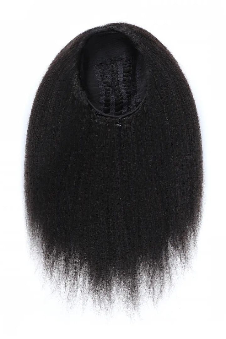 Details of kinky straight half wig flexible fit drawstring human hair seamless wig