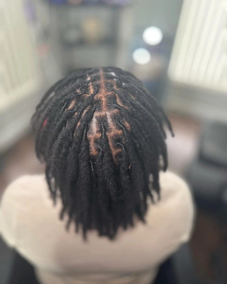 Short starter locs with neat square parting and a natural black finish, hairstylist located in Fairview Heights, IL
