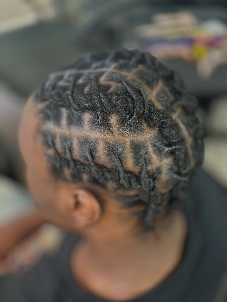 Short natural twist style with detailed geometric parting and decorative braided accents, hairstylist located in Fairview Heights, IL