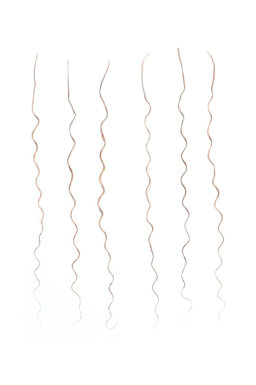 Six individual strands of wavy hair in color 27# (light blonde), displayed vertically to show their full length and texture. The hair is pre-divided, double-drawn, made of human hair, and designed for easy braiding, labeled as BU84. Each strand exhibits a consistent, tight, wavy pattern against a plain white background. 