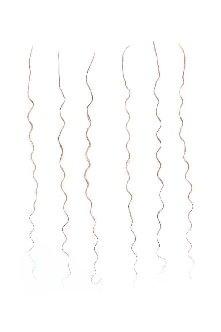 Six individual strands of wavy hair in color 27# (light blonde), displayed vertically to show their full length and texture. The hair is pre-divided, double-drawn, made of human hair, and designed for easy braiding, labeled as BU84. Each strand exhibits a consistent, tight, wavy pattern against a plain white background. 