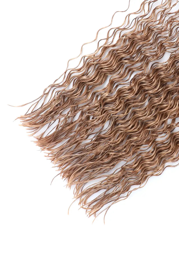 A close-up view of a bundle of wavy bulk hair in color 27# (light blonde), shown at an angle to highlight its texture. The hair is pre-divided, double-drawn, made of human hair, and designed for easy braiding, labeled as BU84. The tight, consistent waves are visible throughout the bundle, set against a plain white background.