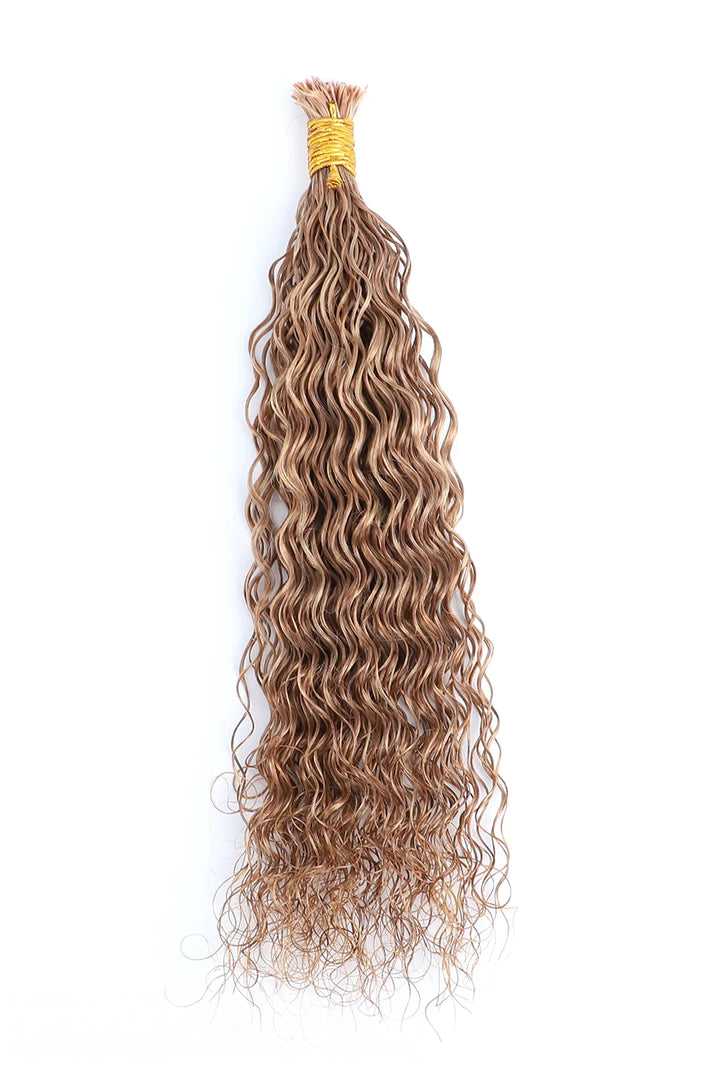 A single bundle of wavy bulk hair in color 27# (light blonde), shown from the top down to display its full length. The hair is pre-divided, double-drawn, made of human hair, and designed for easy braiding, labeled as BU84. The bundle is tied at the top with a gold band, featuring a consistent, tight wavy texture against a plain white background.