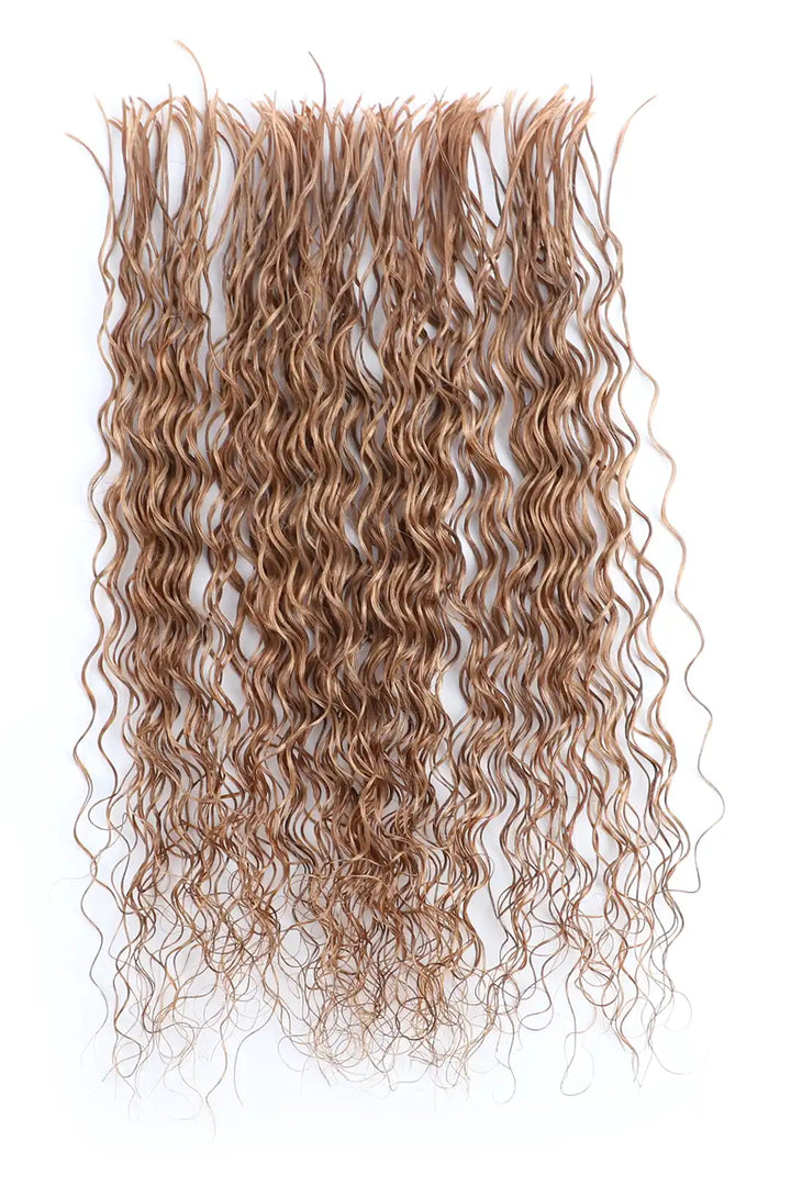A single bundle of wavy bulk hair in color 27# (light blonde), displayed from the top down to show its full length. The hair is pre-divided, double-drawn, made of human hair, and designed for easy braiding, labeled as BU84. The hair features a consistent, tight wavy texture and is spread out against a plain white background.