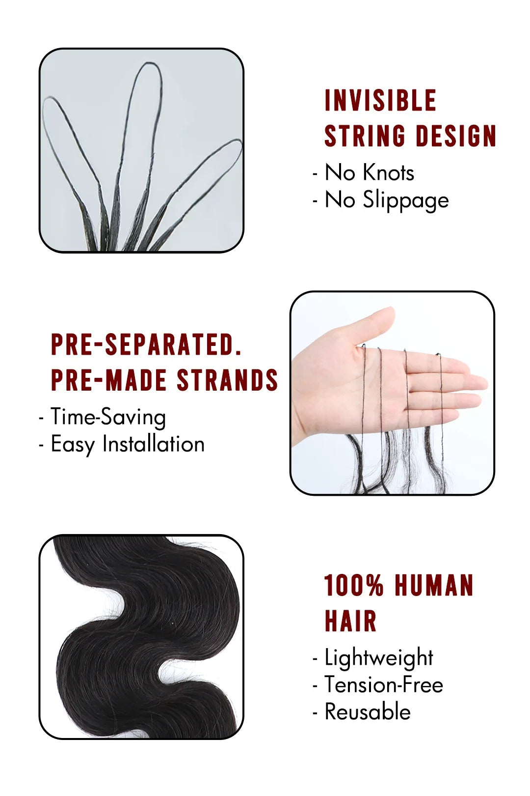 Body Wave Feather Line Hair Extensions for Braiding Reusable