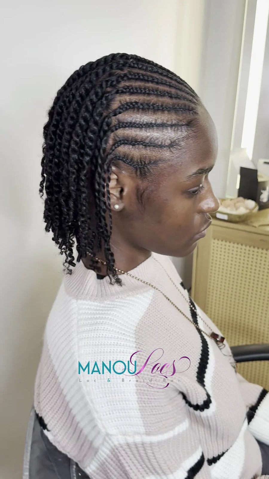 Short braided loc style with side part, hairstylist in Atlanta, GA