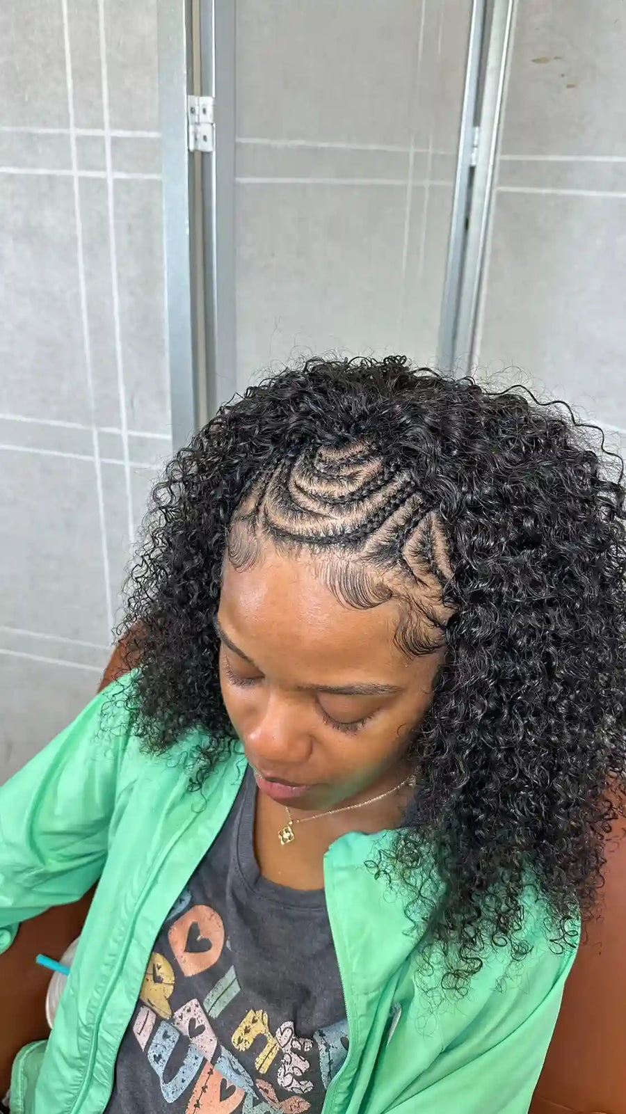 Curly crochet style with front feed-in cornrow braid design, hairstylist in Zachary, LA