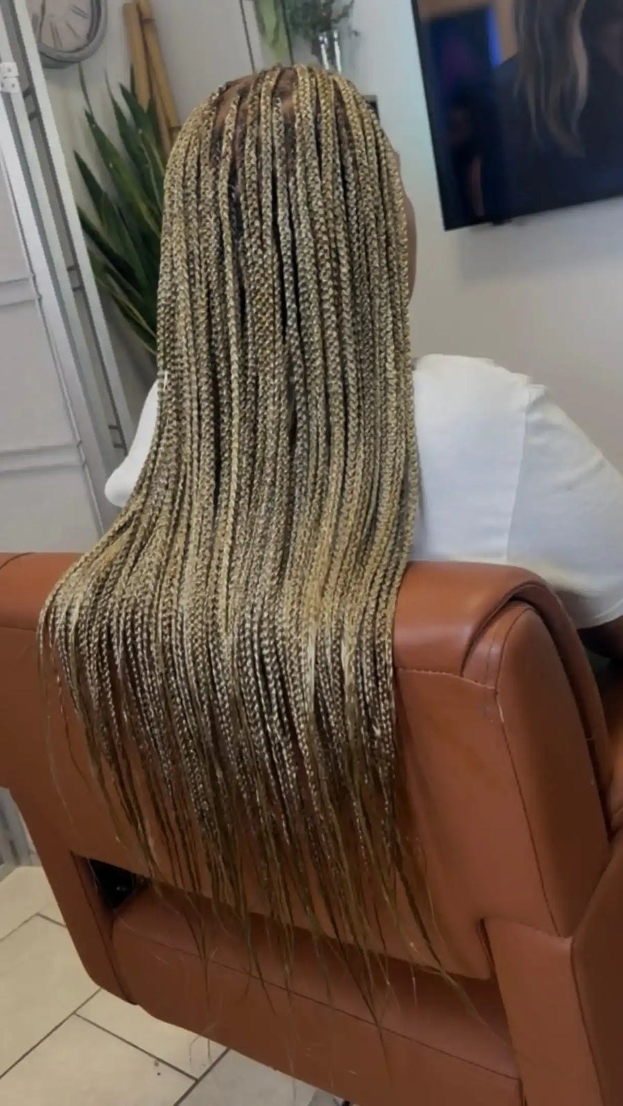 Long blonde small box braids with straight ends, hairstylist in Zachary, LA