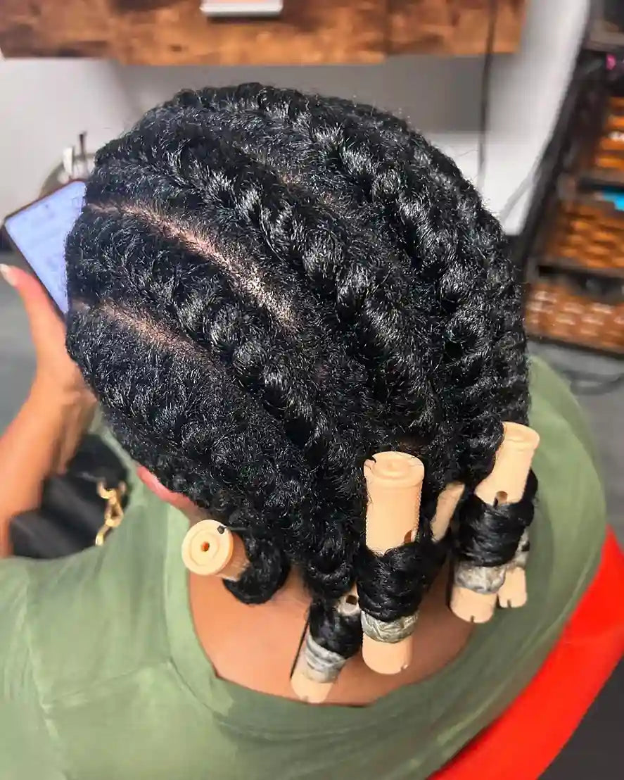 Large two-strand twists set with perm rods for curled ends, hairstylist located in Glendale, AZ